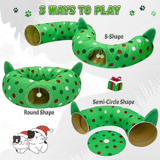 Cat Tunnel Christmas Tree Skirt, 3ft x 3ft x 9.8in Cat Tunnels for Indoor Cats, Grinch Cat Tunnel Bed with Hanging Ball and Cat Ears, Kitten Toys for Indoor Kittens Puppy Rabbit Ferret