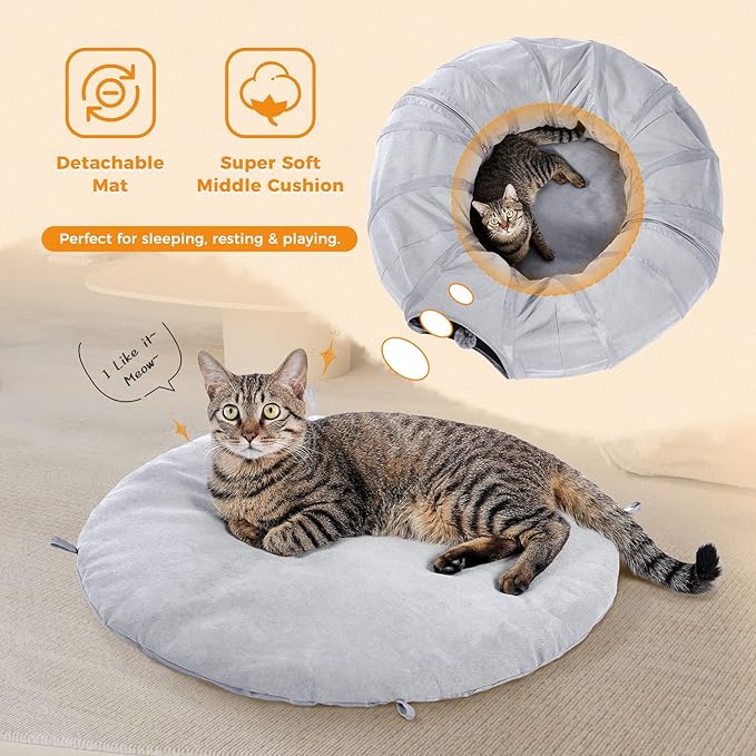 PAWZ Road Cat Tunnel Bed Large Cat Donut Tunnel for Indoor Cats, Collapsible Cats Tube with Central Mat, Peek Hole and Cat Toy Hanging Balls