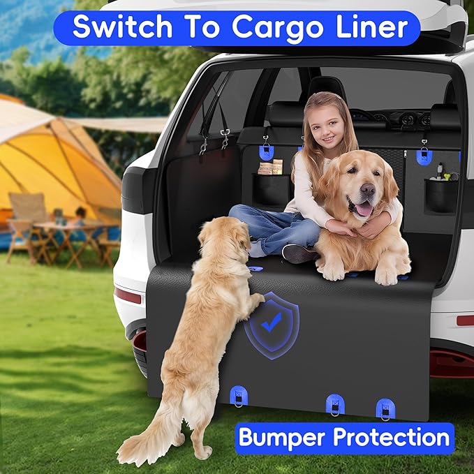 2-In-1 Heavy-Duty Hard Bottom Dog Hammock for Car, 100% Waterproof PU Leather Backseat Cover, Zipper Side Flaps, Non-Slip Extender for Large/Elderly Dogs & Multi-Dog Families,Fits Sedan/SUV/Med.Truck