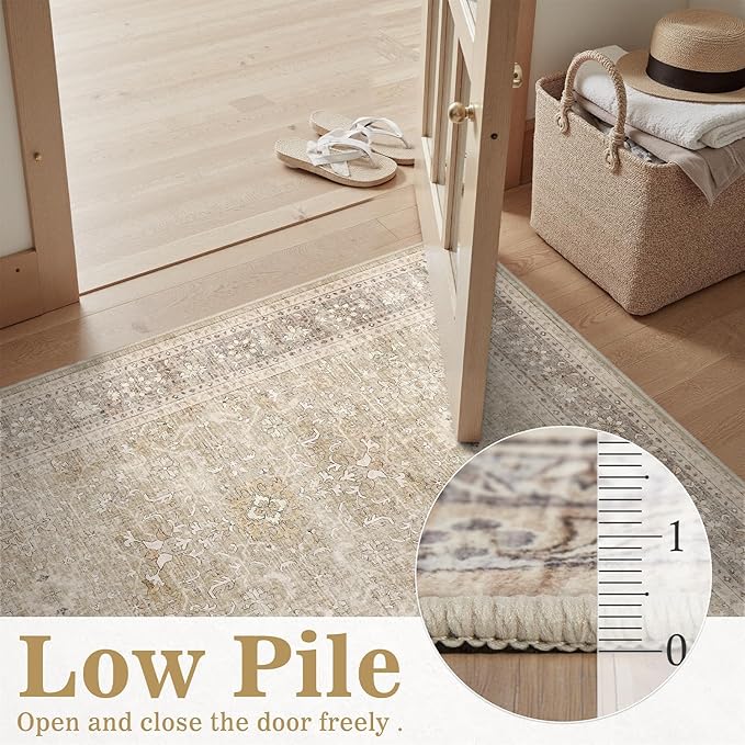 DCX Beige and Taupe 4x6 Rug, Kid & Pet Friendly with Rubber Back Non Slip, Machine Washable Stain Resistant Vintage Traditional Distressed Carpet, Rug for Living Room, Bedroom, Neutral Home Decor