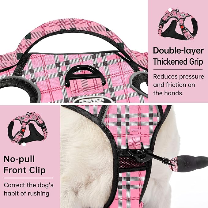 IVY&LANE No Pull Dog Harness with Leash Set, Reflective No Choke Pet Vest,Adjustable Oxford Dog Vest Harness with Easy Control Handle for Large Dogs (Checkered Pink,XL)