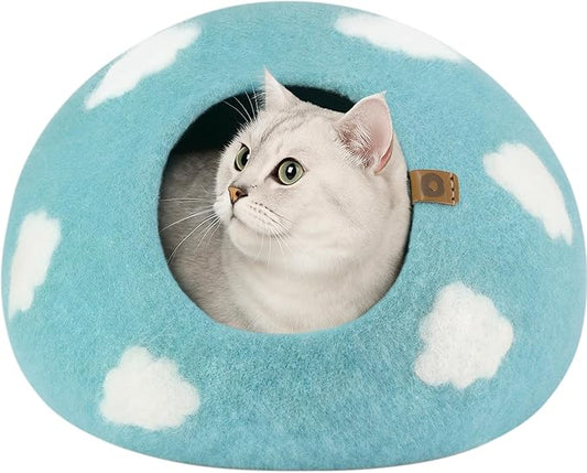 MEOWFIA Cat Cave – Premium Felt Cat Bed for Indoor Cats, Handmade Merino Wool (Nap Blue, Medium)