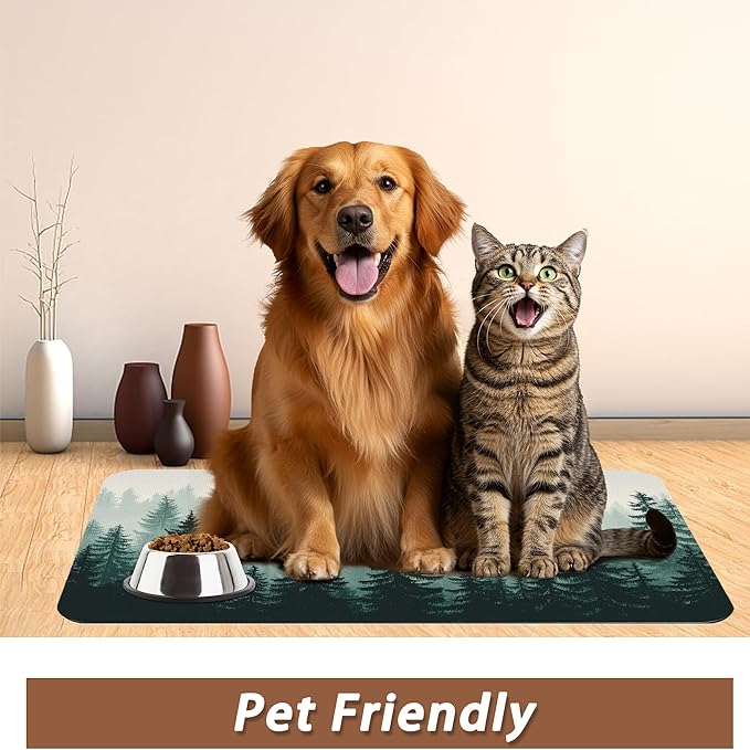 Misty Forest Pet Feeding Mat,Absorbent Quick-Dry Cat Dog Food and Water Bowl Mats,Non-Slip Rubber Backing Mat,Cat Dog Accessories Supplies 16"x24"