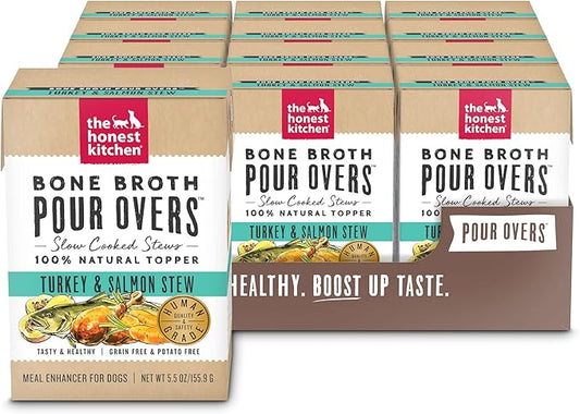 The Honest Kitchen Human Grade Bone Broth POUR OVERS™ Wet Toppers for Dogs (12 pack), 5.5oz - Turkey & Salmon Stew