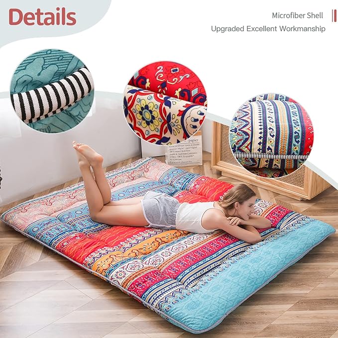 MAXYOYO Bohemian Retro Floor Mattress Vintage Floral Japanese Futon Mattress Roll Up Tatami Floor Mat Foldable Bed Portable Camping Mattress Sleeping Pad Floor Lounger Couch Bed Queen Size