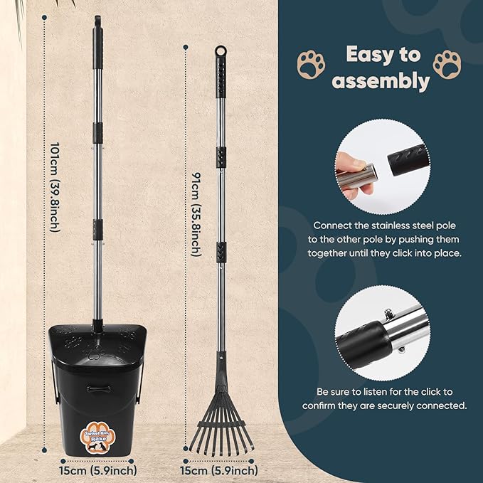 Stainless Steel Dog Pooper Scooper,40" Long Handle Swivel Bin and Rake,20 Waste Bags - Heavy Duty Portable Metal Poop Scooper for Large,Medium and Small Dogs