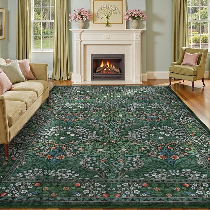 Lahome Floral 10x14 Area Rugs for Living Room, Soft Washable Rugs 10x14 Stain Resistant, Ultra-Thin Non-Slip Boho Bedroom Rug Non-Shedding Accent Carpet for Dining Room Office, Dark Green