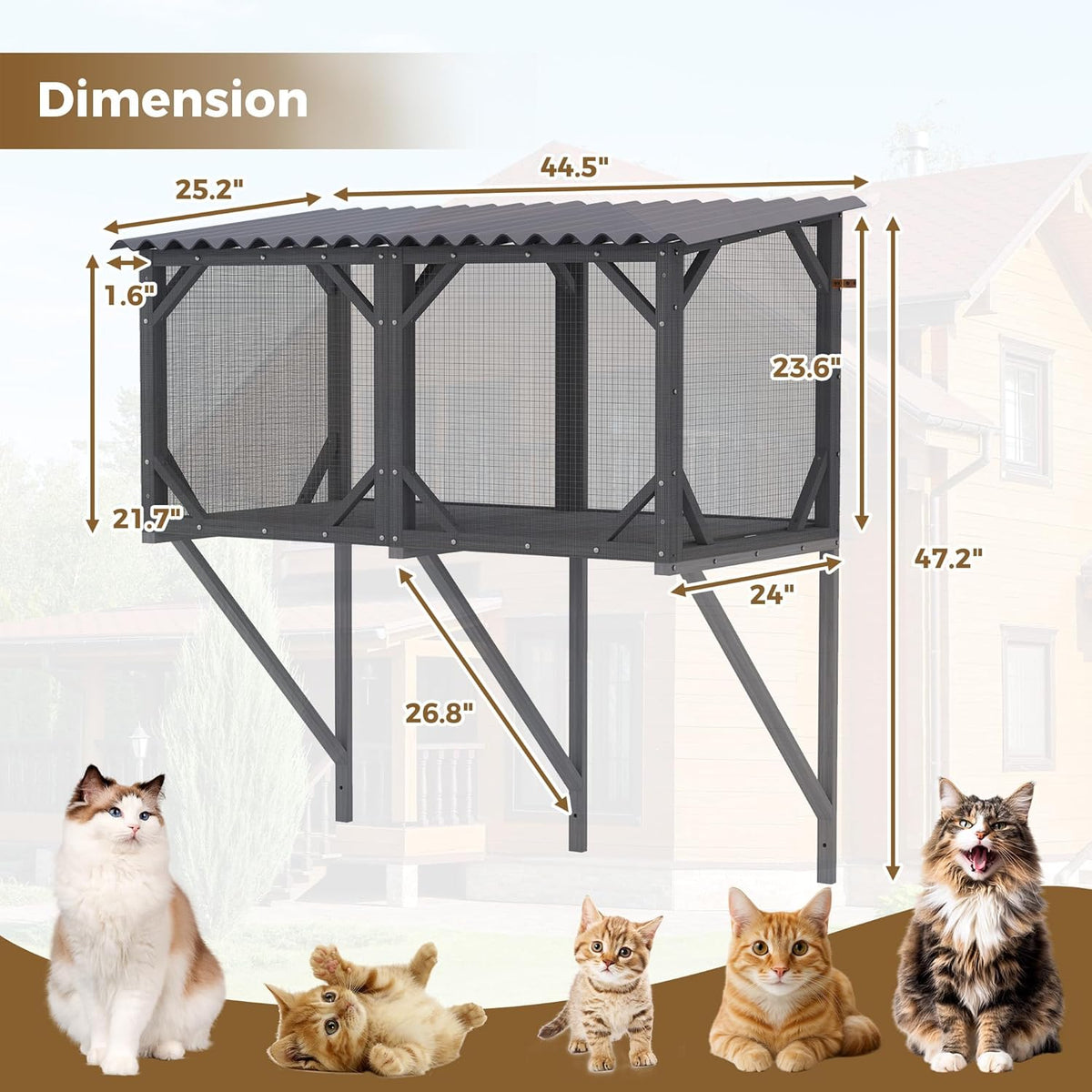 Cat Window Box, 43.3" Catio o Outdoor Cat Enclosure for Sunbathing, Napping & Bird Watching, Wood Cat Window Perch with Mosquito Net Window Catio for Indoor Cats(Gray+Removable Mesh 43.3")