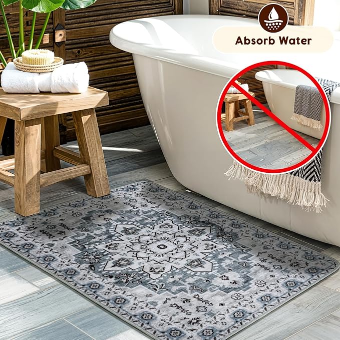 LBRO2M Rug for Entryway Indoor 2X3 Washable Rug Boho Design Door Carpet Throw Rugs for Kitchen Bathroom Non Slip Pet Friendly Area Rugs (2X3, Dusty Blue)