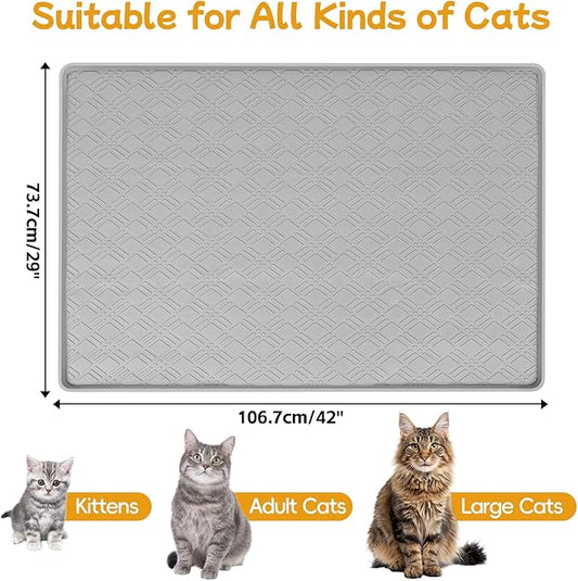 Lanstics Cat Food Mat, 42" x 29" Large Silicone Mat Cat Feeding Mat with Raised Edge Non-Slip Pet Feeding Mat for Food and Water Bowl, Easy to Clean, Floor Protection (Light Gray)