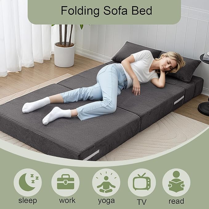 MeMoreCool Boneless Folding Sofa Bed – Corduroy 4-in-1 Convertible Futon Chair, Compact Floor Sleeper with Foam & Washable Cover, 1200 lb Capacity Couch Bed for Small Rooms, Dorms, Apartments