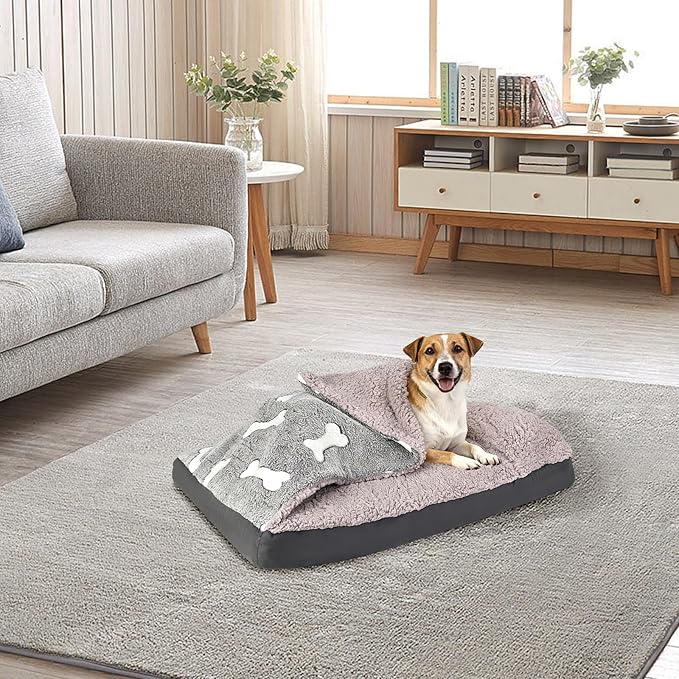 Small Dog Bed with Cover Pillow Blanket Attached, 30''X20'' Rectangle Hooded Cozy Cave Dog Bed & Removable Washable Cover, Cute Indoor Covered Crate Furniture Calming Burrow Sofa for Small Medium Pet