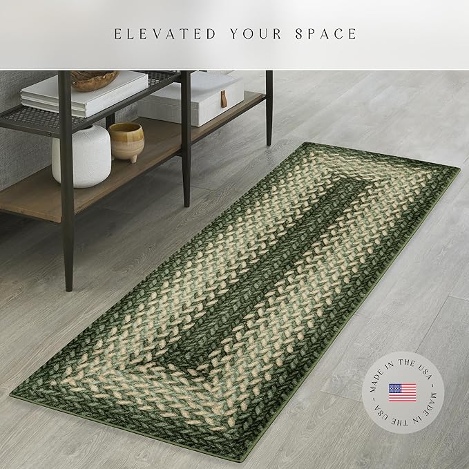Maples Rugs Marion Bohemian Braided-Style Print Runner Rug ??Made in USA ??Washable, Non-Slip Indoor Runner for Hallway, Kitchen, and Laundry Room, 2' x 6', Green