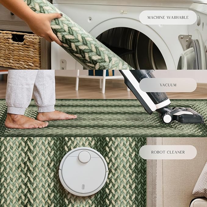 Maples Rugs Marion Bohemian Braided-Style Print Area Rug ??Made in USA ??Low Pile, Non-Slip, Pet-Friendly Indoor Rug for Bedroom, Living Room & Office, 5' x 7', Green