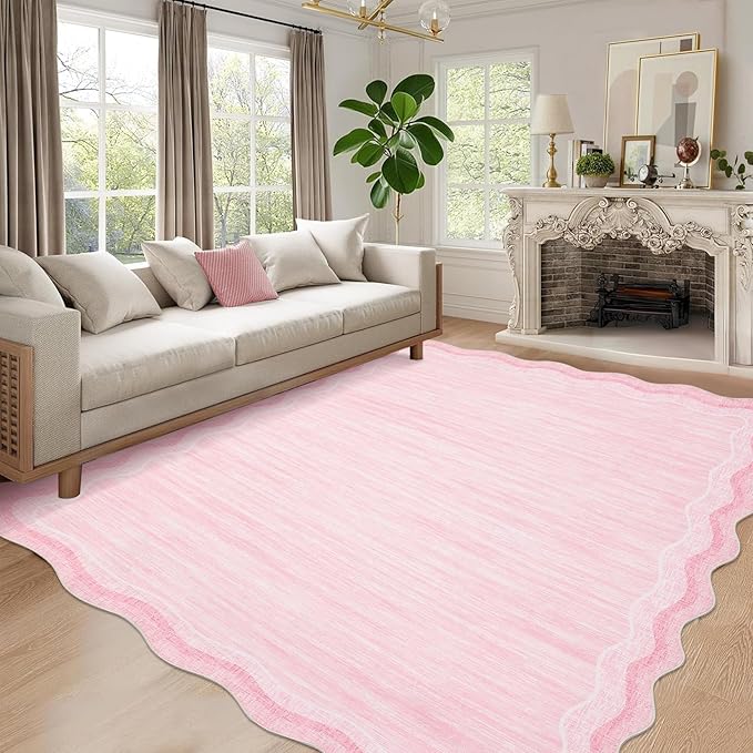 GarveeHome Scalloped Pink Rug 5x7 Modern Solid Living Room Carpet, Non-Slip Contemporary Rug for Girls, Machine Washable Low Pile Indoor Rugs for Entryway,Playroom,Dorm,Office, Pink