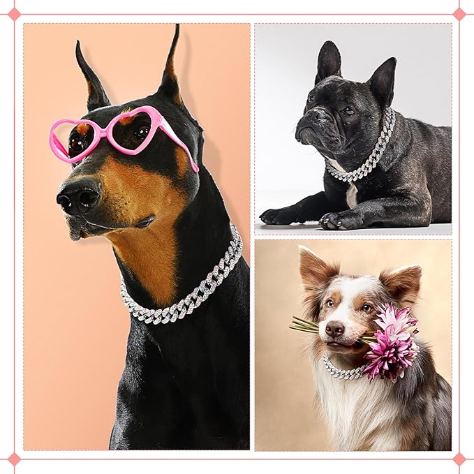 LEIFIDE Dog Chain Collar Diamond Link Puppy Collar 12 mm Wide Dog Necklace Metal Cat Chain Pet Crystal Necklace Jewelry Accessories for Small Medium Large Pet(12 Inch,Silver, AB Color)