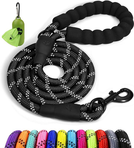 Taglory Rope Dog Leash 4 FT with Comfortable Padded Handle, Highly Reflective Threads Leash for Small Dogs, 3/8 inch, Black