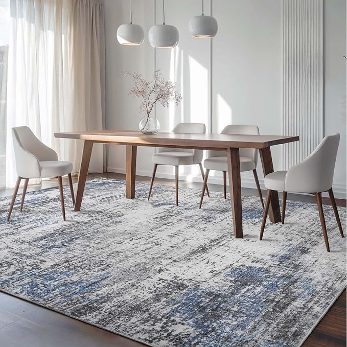Area Rug Living Room Washable Rugs: 8x10 Modern Neutral Abstract Low Pile Non Slip Floor Carpet - Large Soft Thin Stain Resistant Rug for Bedroom Dining Indoor Office Home, Blue Grey