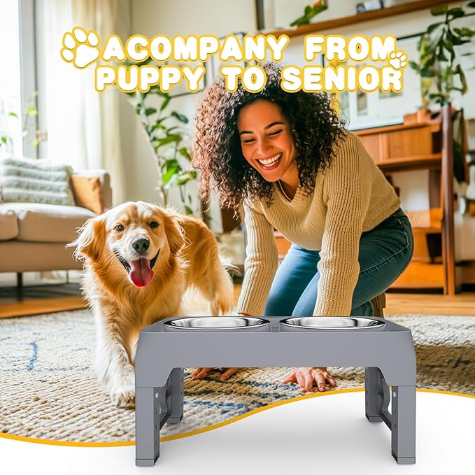 Elevated Dog Bowls for Medium Large Dogs - 5 Height Adjustable Mess Proof Raised Bowl Stand with 2 44oz Stainless Steel Food Bowls Dish Set Adjusts to 3.54’’-12.13’’ Non-Slip Grey