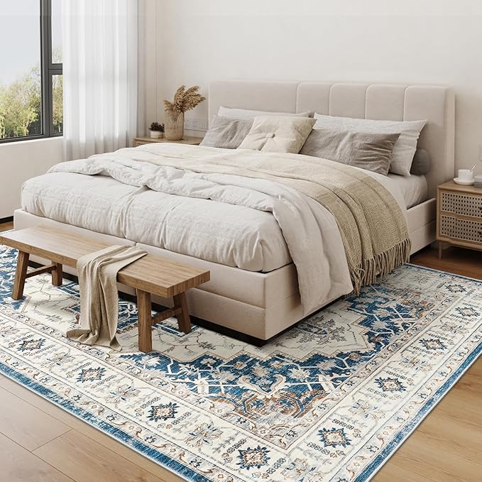 6x9 Area Rug for Living Rooms, Stain Resistant Neutral Washable Rugs for Dining Rooms, Floral Vintage Non-Slip Thin Large Size Area Rugs(Blue)