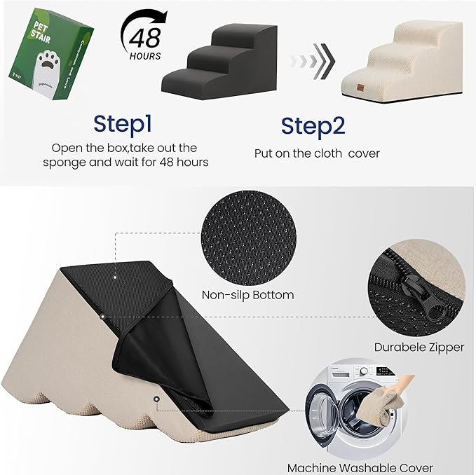 GoGoBunny Ramp Dog Stairs for Couch Sofa and Chair 15.7" H, 3-Step Pet Steps for Small Dogs and Cats, Non-Slip Waterproof Fabric Cover, Stable and Balanced Indoor Step, Pets Friendly, Beige