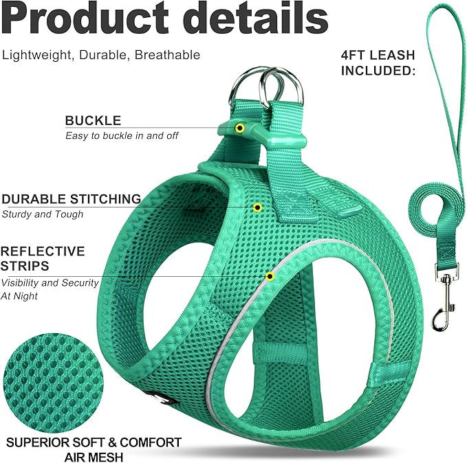 Fida Cat Harness and Leash Set for Walking Kitten and Puppy, Escape Proof Kitten Harness with Breathable Lightweight Soft Mesh, Adjustable Reflective Step-in Design. (XXXS, Green)