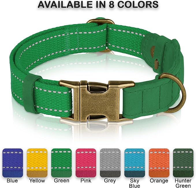 Reflective Leather Dog Collar with AirTag Holder - Soft Apple Airtag Dog Collar with Metal Buckle - Safety Cotton Pet Collars for Dogs Small Large Dogs Puppy (Green, L, 17"-21")