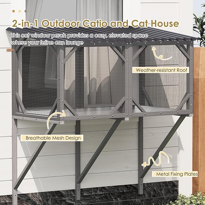 Cat Window Perch, Cat Catio for Large Indoor Cats, Outdoor Pet House Weatherproof, Catio Outdoor Enclosure, Space-Saving Pet Furniture for Window Naps and Sunbathing (Black+ Gray, 43.3)