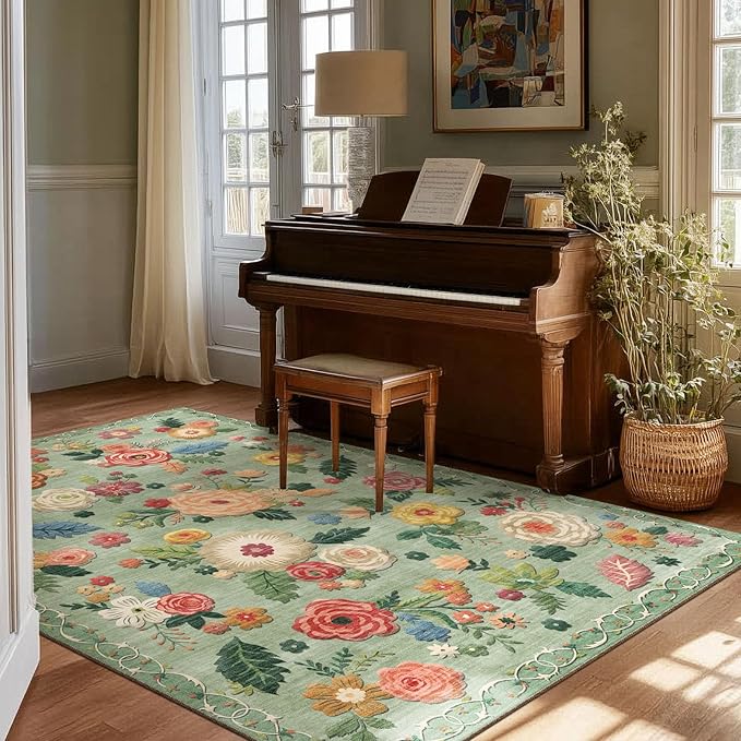 4x6 Bedroom Area Rug Washable: Entry Throw Rug Stain Resistant Floral Green Rug Non Slip Low Pile Small Carpet for Bedroom Kitchen Entryway Living Room Bedside Office Dorm Kids Room Entrance