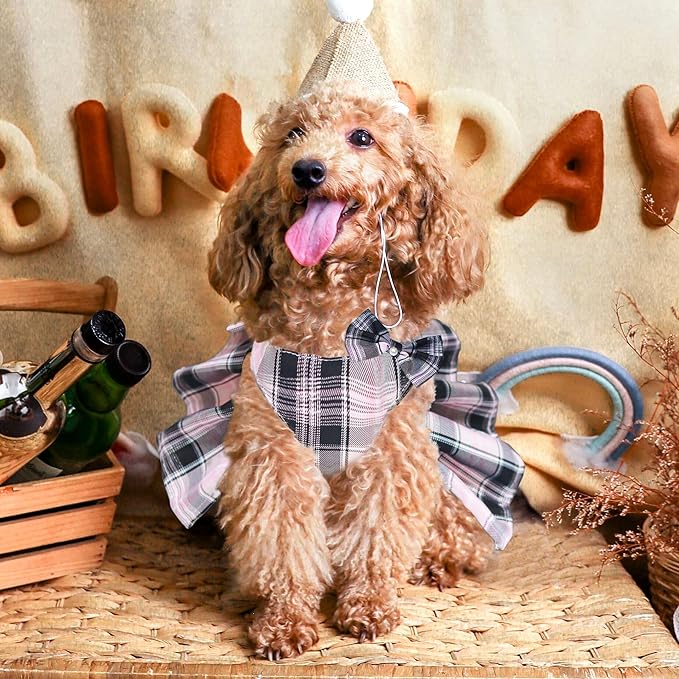 Dog Dress Bowknot Harness Leash Set for Small Dogs Girl Cute Plaid Dog Dress Pearls Bow Tie Spring Summer Princess Clothes Birthday Holiday Doggie Outfits for Puppy Cats Girl Apparel (Red, Large)