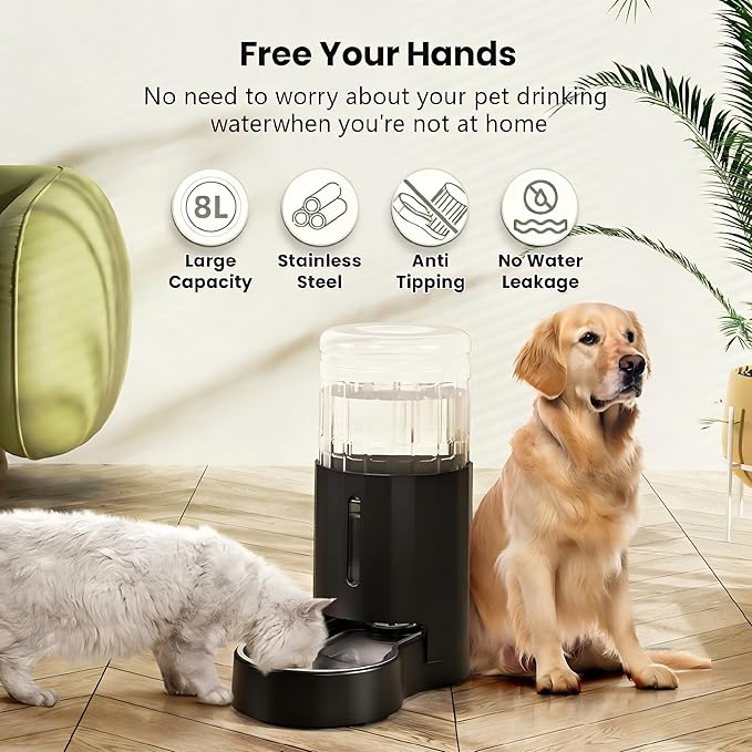 CZPET Dog Water Bowl Dispenser, 8L Automatic Dog and Cat Water Dispenser with Stainless Steel Bowl, Gravity Waterer, Large Capacity, and Quiet Drinking Area for Pets (8L,Black)