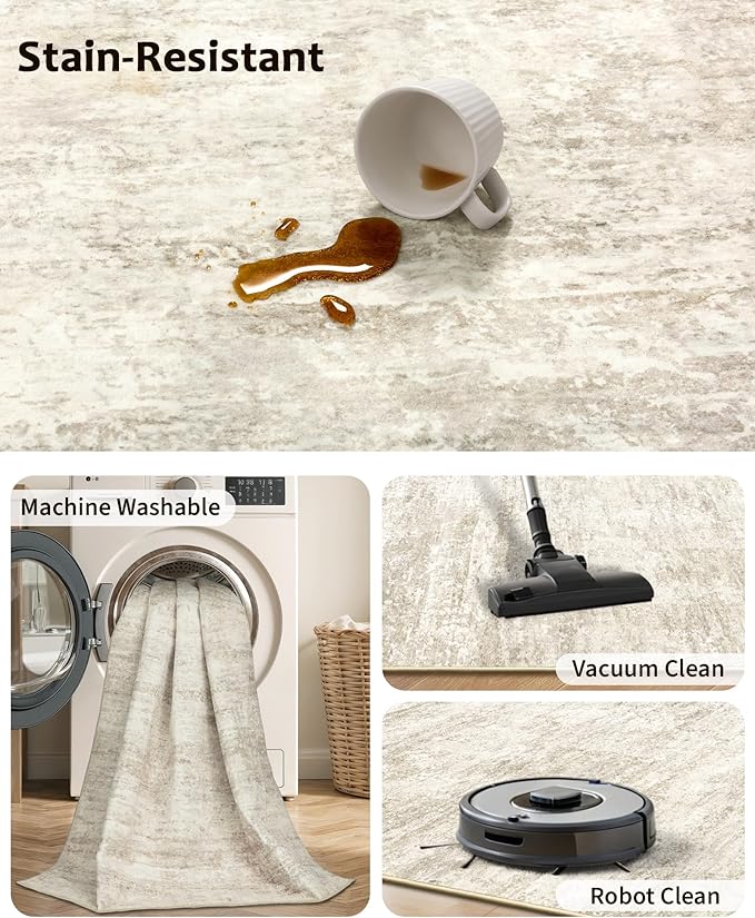 Art&Tuft Washable Rugs 9x12, Anti-Slip Backing Abstract Area Rugs, Stain Resistant Area Rugs 9x12 Living Room, Foldable Machine Washable Area Rug(01-Beige, 9'x12')