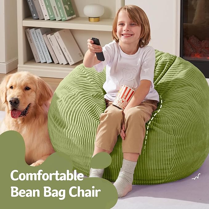 Homguava 2.5FT Bean Bag Chair,Teardrop Bean Bags Small Beanbag Chair with Memory Foam Filled and Ultra Soft Corduroy Cover for Living Room, Bedroom(Green)