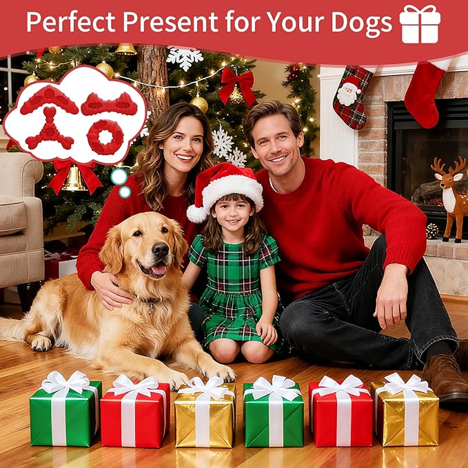 Dog Chew Toys 4 Pack, Dog Toys for Aggressive Chewers Small Medium Breed, Multifunctional Teeth Cleaning and Gum Massage, Natural Rubber Dog Toys for Puppy and Medium Dogs(Red)