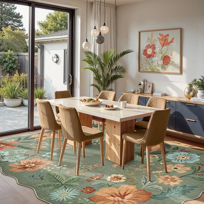 Lahome Floral Washable 6x9 Area Rugs, Soft Bedroom Rug for Living Room Ultra-Thin Non Slip Dining Room Rug, Stain Resistant Boho Green Rugs Easy Clean Throw Carpet for Office(6'x9',Green)