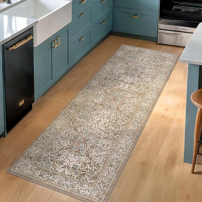Non Slip 2x5 Moss Green Bathroom Runner Rug - Small Runner Rugs, Washable Kitchen Floor Mat, Bedroom, Laundry Room, Hallway Runner - Vintage Oriental Taupe Dark Décor