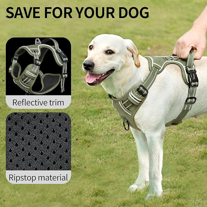 HEELE Dog Harness, No Pull Adjustable Padded Reflective Harness for Small Medium Large Dogs with Handle for Walking Training, Green, M