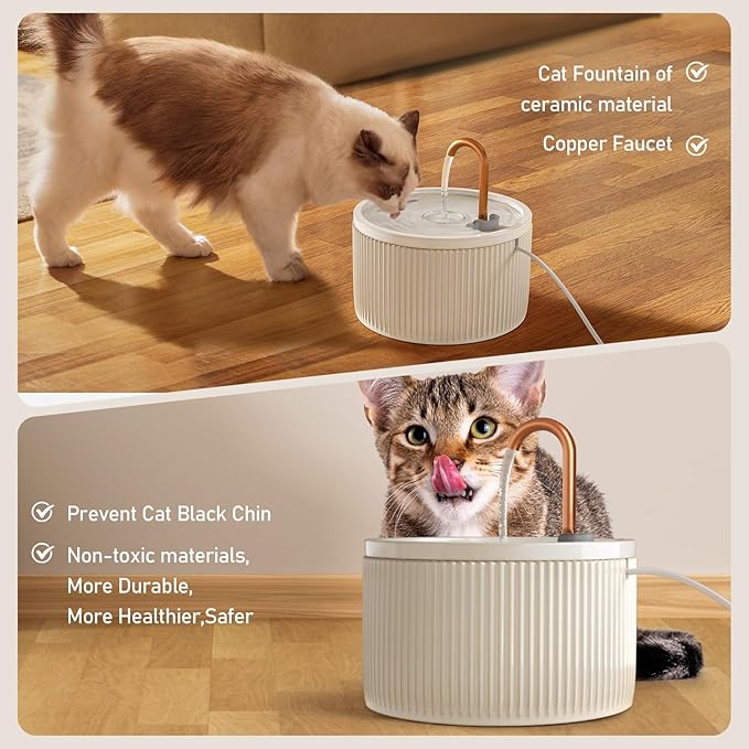 DOOOB Ceramic Cat Water Fountain, 2.1L/71oz Ceramic Cat Fountains, Automatic Pet Water Fountain for Cats, Pet Water Fountain with Ultra-Quiet Pump and 3 Filters & 3 Sponges (Beige)