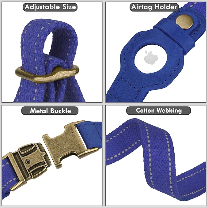 Reflective Leather Dog Collar with AirTag Holder - Soft Apple Airtag Dog Collar with Metal Buckle - Safety Cotton Pet Collars for Dogs Small Large Dogs Puppy (Blue, M, 14"-18")