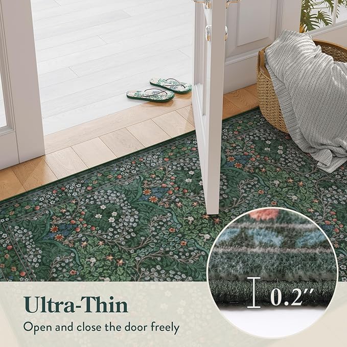 Lahome Floral Hallway Runner Rug Non Slip, 2'6''x10'Soft Washable Runners for Hallways, Ultra-Thin Green Kitchen Runner Distressed Carpet for Entryway Bathroom, Dark Green