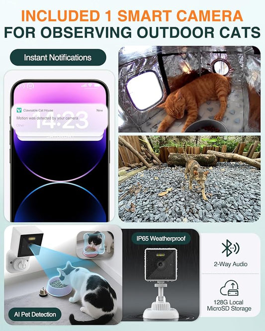 Indestructible Heated Cat House with Pet Camera for Outside Winter, 100% Waterproof, Escape Door, Insulated Outdoor Cat Shelter with Heater for Feral Barn Cat Kitty (Forest Green, 26"x16"x18")