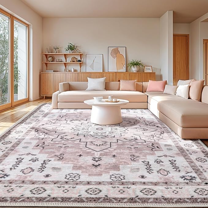 LBRO2M Boho Area Rug 8X10 Washable Rugs for Bedroom Low Piles Indoor Carpet, Non Slip Soft Rug for Living Room, Dining Room, Pink Rug Foldable Pet Friendly Area Rugs Stain Resistant (8'X10' Pink)