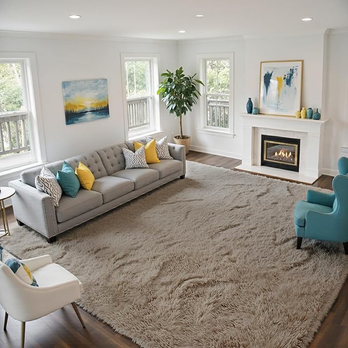 Fluffy Rug Shaggy Area Rug, Beige 8x10 Area Rugs for Living Room, Large Shag Area Rugs for Bedroom Kids Room Home Decor, Upgrade Anti-Skid Rectangular Fuzzy Rugs