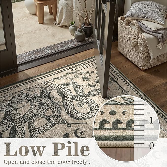 DCX Washable 2x3 Snake Rug, Beige Gothic Rug for Living Room, Soft Low Pile Carpet, Kid & Pet Friendly with Rubber Back Non Slip, Stain Resistant Rug for Bedroom Dining Room Office