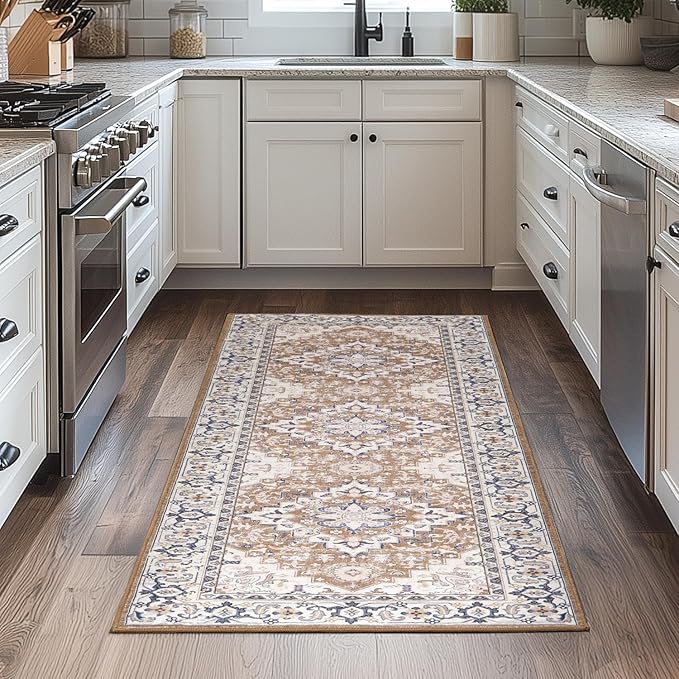 Lessymo Runner Rug for Hallway, Machine Washable Area Rugs Boho Faux Wool Low Pile Area Rug for Bedroom, Floral Medallion Vintage Rugs with Non-Slip Rubber, Brown Beige