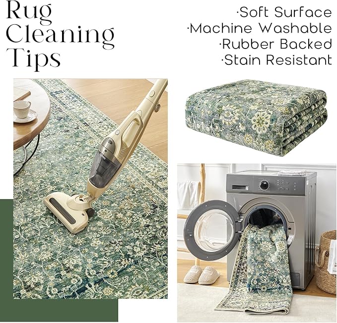 Dark Green Vintage Floral Aesthetic Area Rugs for Entryway Bedroom Low Pile Green 4x6 Boho Front Door Mat for Indoor Entrance Washable Non Slip Stain Resistant Rug for Dining Room Entry 4 x 6