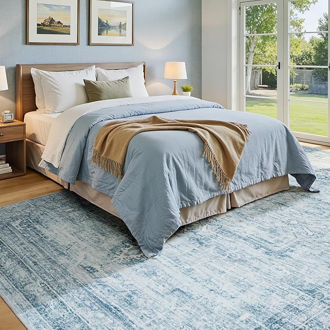 9x12 Area Rug for Living Room Bedroom Dining Room, Large Washable Soft Faux Wool Carpets, Neutral Retro Aesthetic Non-Skid Stain Resistant Blue Rugs for Kids Room