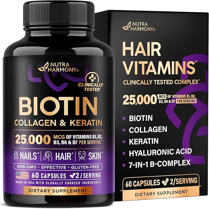 NUTRAHARMONY Biotin | Collagen | Hyaluronic Acid | Keratin - Support Normal Hair Growth Cycle - Skin & Nails - 25000mcg Vitamins B1, B2, B3, B6 & B7 - for Women & Men - Made in USA | 60 Capsules