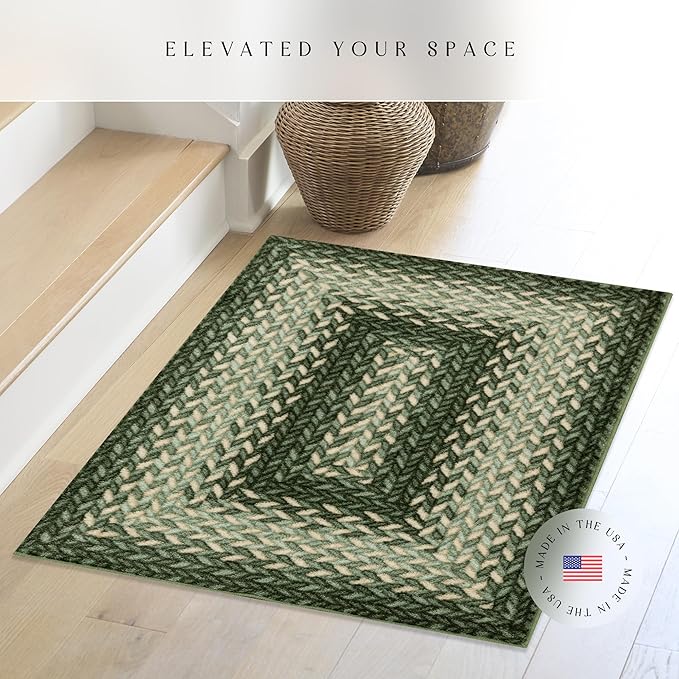 Maples Rugs Marion Bohemian Braided-Style Print Area Rug ??Made in USA ??Washable, Non-Slip Low-Profile Small Indoor Rug for Entryway & Kitchen, 46" x 30", Green
