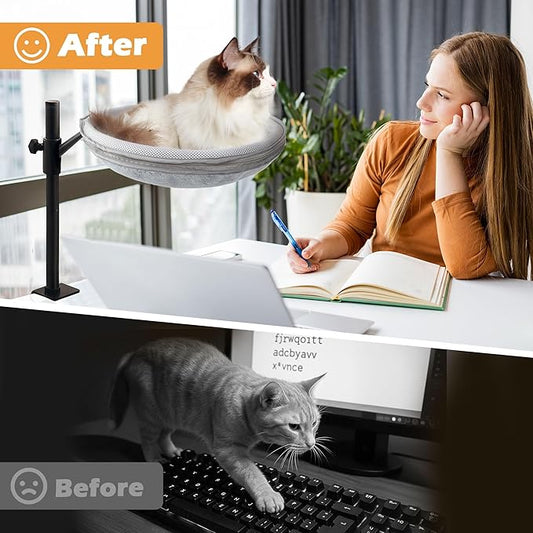 Cat Desk Bed,360°Swivel,Height Adjustable,Desktop Attachment Cats Perch for Home Office,Cover Washable, Holds Up to 45lbs,Kitten Furniture Accessories,Cat Beds，Cats Furniture(Grey)